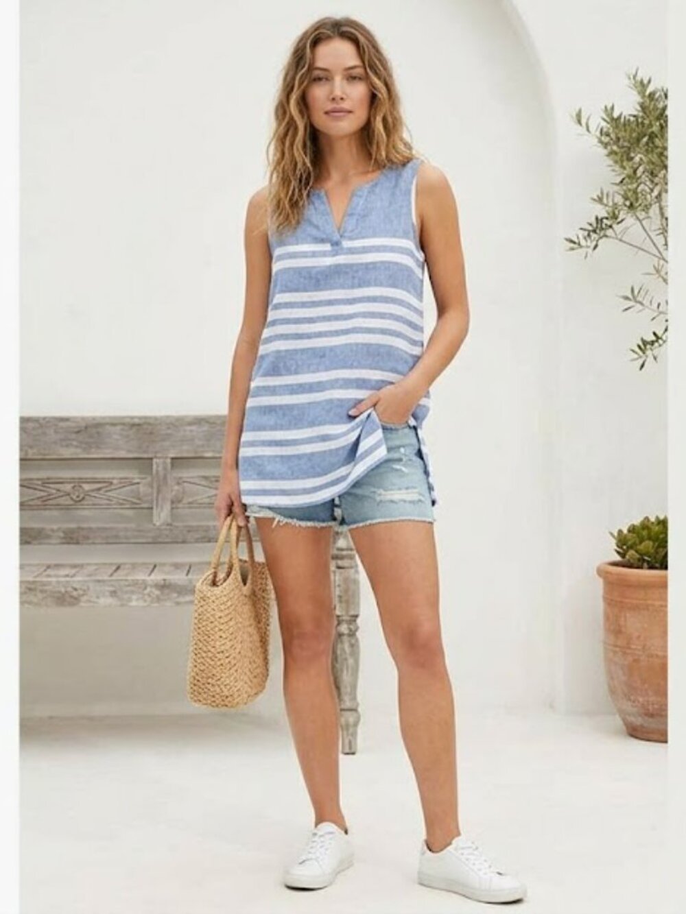 Beach Lunch Lounge Linen Blend Striped Sleeveless Tunic size M